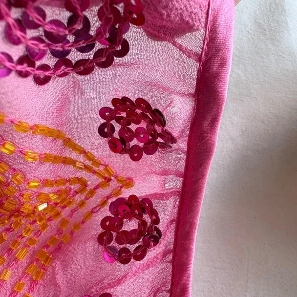 Antik Batik Pink Orange Beaded Silk Blouse 3/4 Sleeve Scalloped Hem Top Medium - Picture 12 of 13